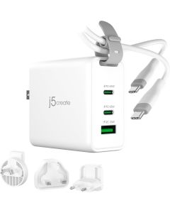 J5Create JUP3565CV-N 65W GaN USB-C 3-Port Traveler Charger with changeable AC plugs and USB-C Cable